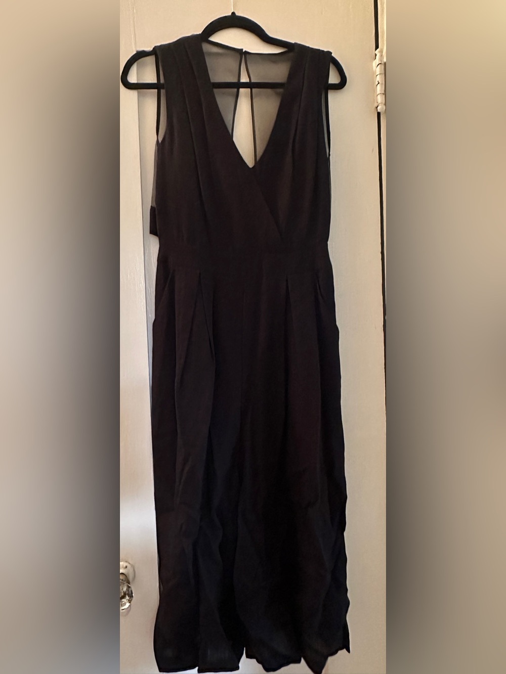 Barneys New York Black Sleeveless V-Neck wide legged , linen romper with cape.